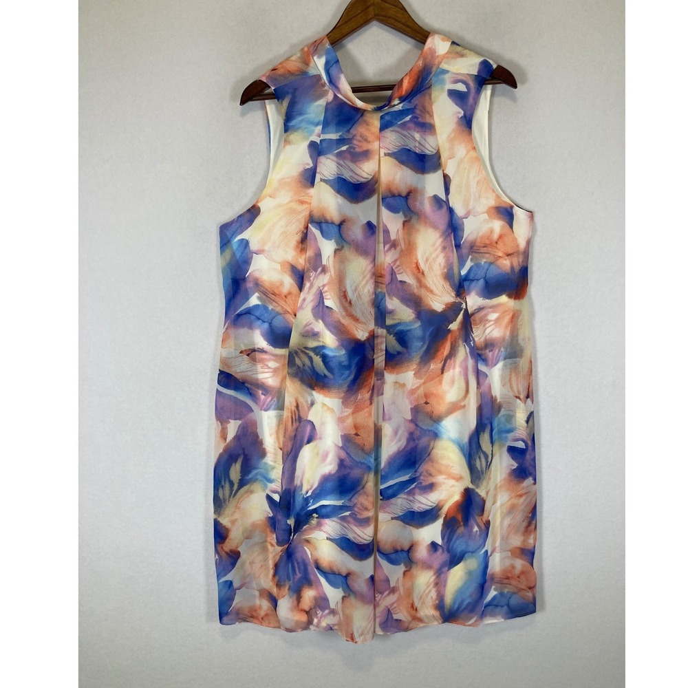 Watercolor Floral Signature by Robbie Bee Women 16W Blue Peach Pleated Tie Dress